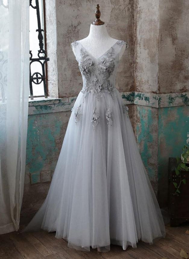 Grey V-neck Tulle Applique Long Formal Prom Dresses,elegant Sweep Train Evening Dresses.f1440