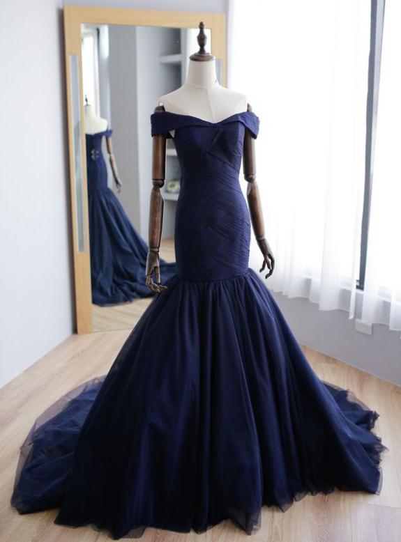 Mermaid Navy Blue Off Shoulder Formal Prom Dresses,sweep Train Tulle Formal Evening Dresses.f1447