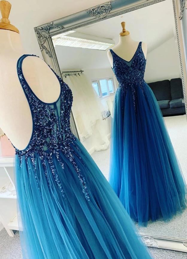 Blue V Neck Sequins Tulle Long Prom Dresses,charming Backless Evening Dresses.p1448