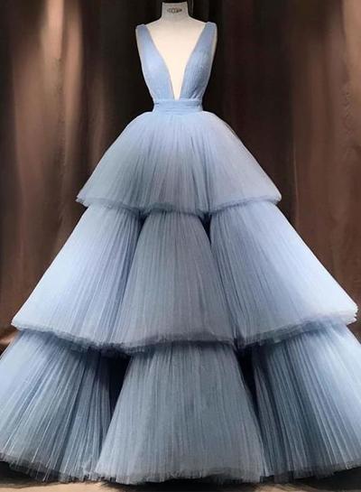 Blue Tulle V Neck Prom Dresses,layered Long Formal Prom Dress,charming Sleeveless Ball Gown.p1455
