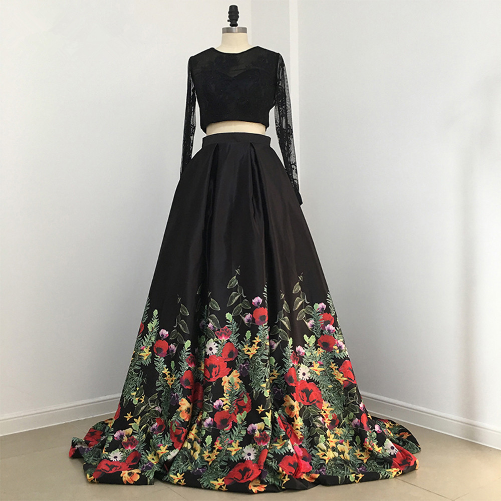 Two Piece Prom Dress,Black Floral Long Prom Dress, Long Sleeves Prom Dress.TP1466