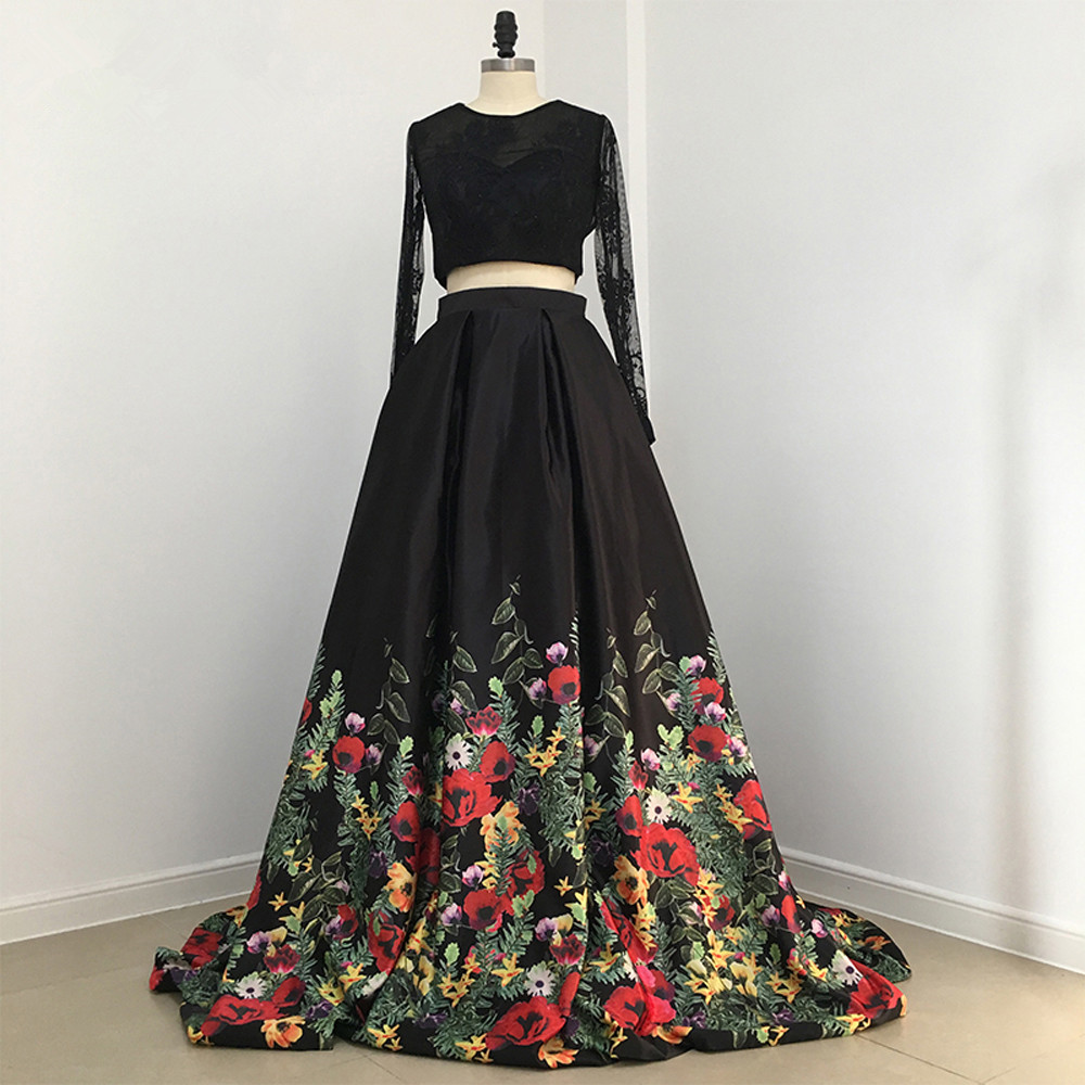 Two Piece Prom Dress,black Floral Long Prom Dress, Long Sleeves Prom Dress.tp1466