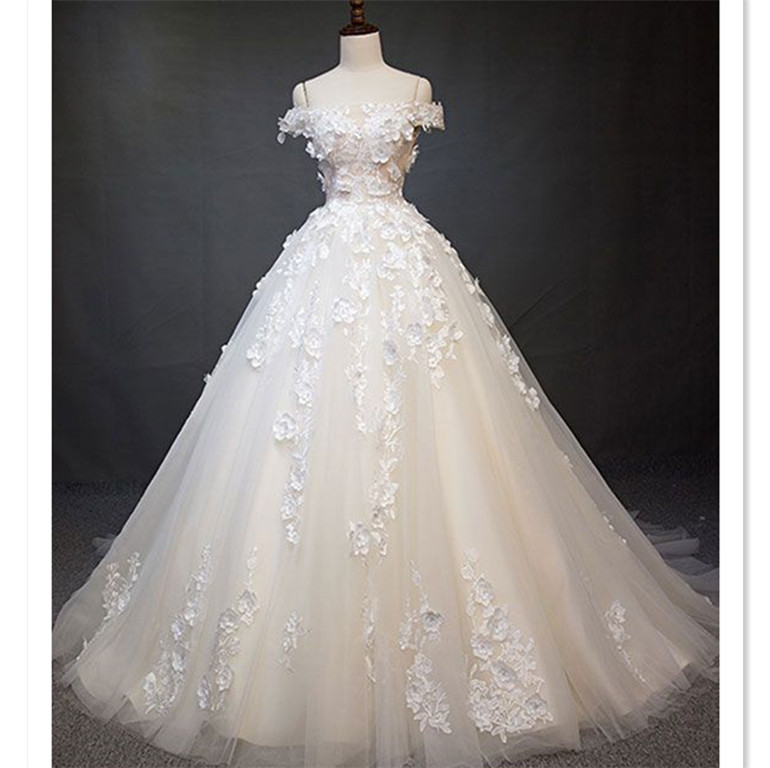 White Tulle Lace Applique Long Bridal Dresses,charming Off-the-shoulder Wedding Dresses.w1477
