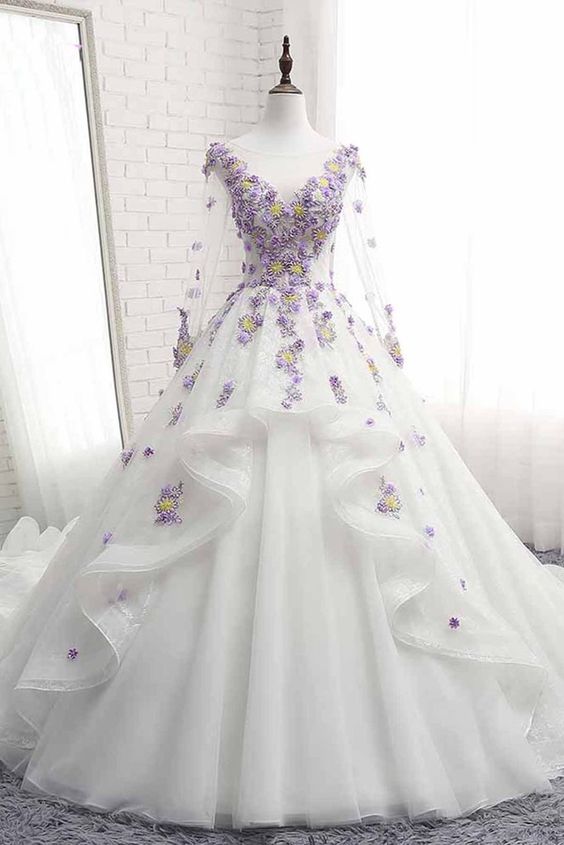 white wedding dress with purple