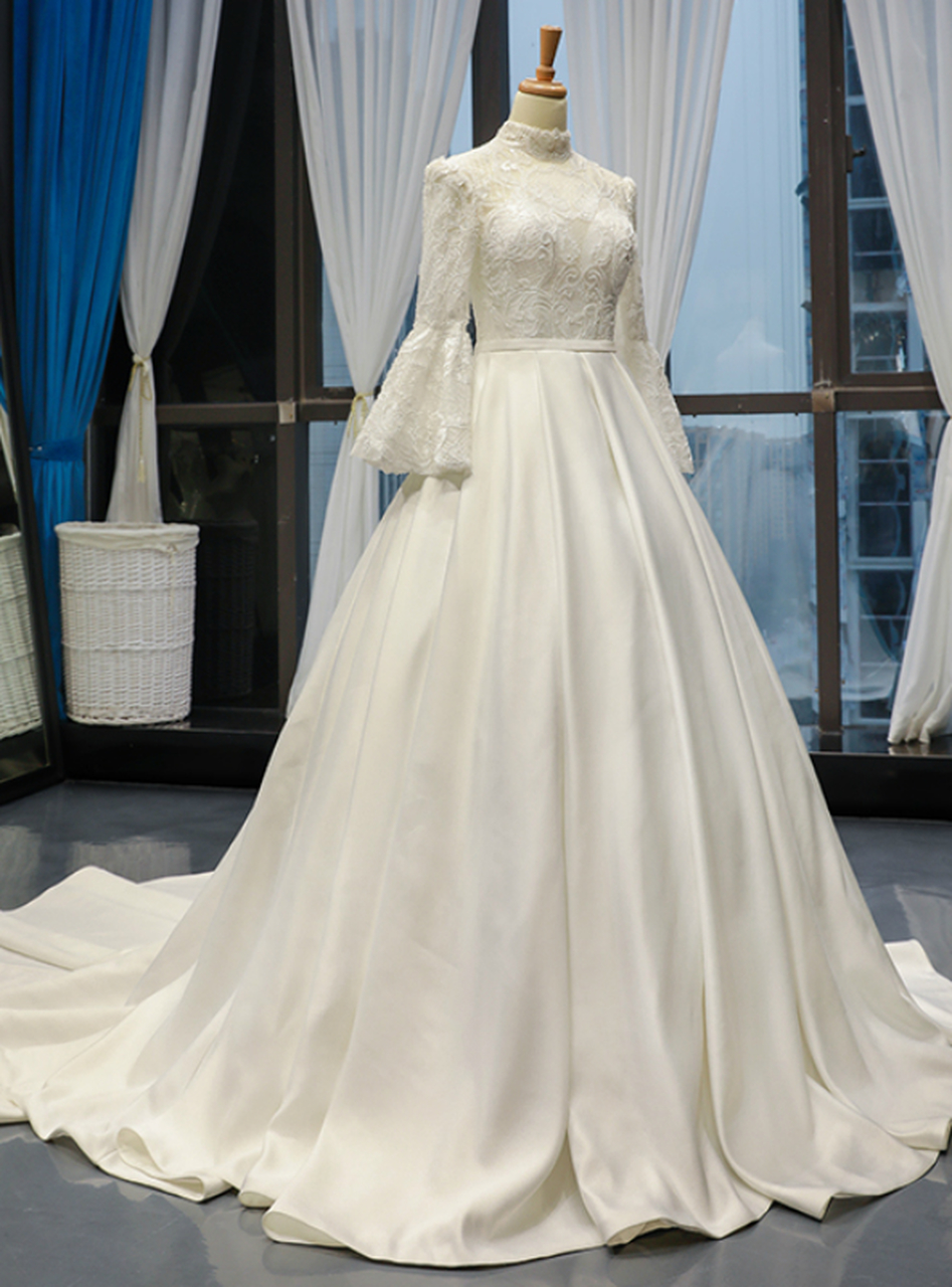 White Ball Gown Satin High Neck Bridal Dresses,puff Sleeve Lace Appliques Wedding Dresses With Beading.w231
