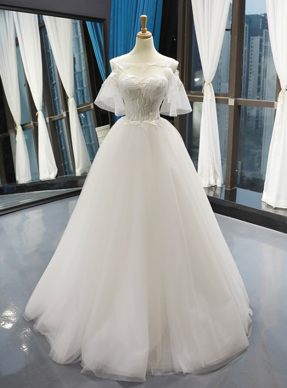 White Tulle Appliques Bridal Dresses,off-the-shoulder Backless Floor Length Wedding Dresses.w1103
