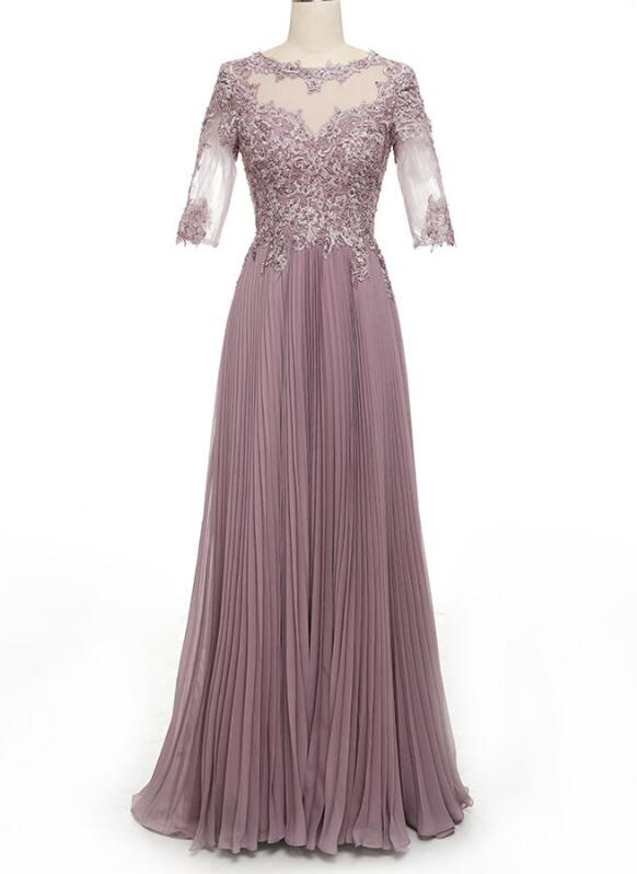 Crumpled Chiffon Pleated Lace Applique Long Prom Dress,a Line Half Sleeves Mother Of The Bride Dress.p1415