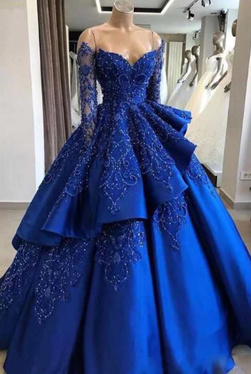 Royal Blue Satin Strapless Long Sleeve Beaded V Neck Prom Dress, Ball Gown,p1426