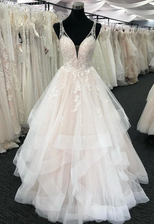 White Tulle V Neck Open Back Long Layered Formal Prom Dress, Wedding Dress,w1427