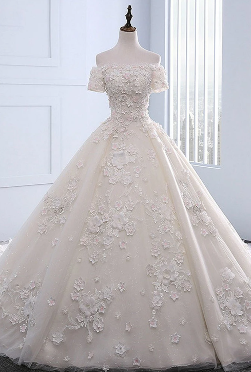 Ivory Strapless Sweep Train Off Shoulder Lace Wedding Dress With Sleeves,w1429