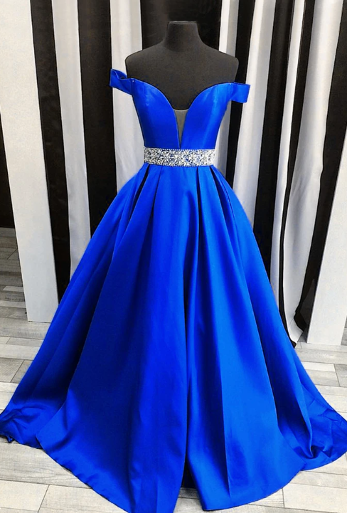 Royal Blue Satin Strapless Long Off Shoulder Senior Prom Dress With Beading Belt,p1431