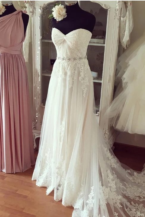 Pure White Chiffon Lace Organza Sweetheart Beading Long Train Prom Dresses,wedding Dresses,w1432