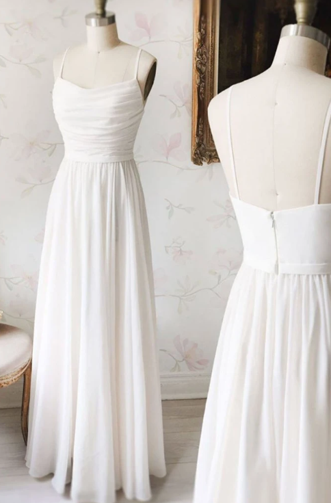 Simple White Chiffon V Neck Long Prom Dress, White Evening Dress,p1435