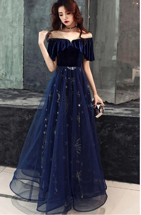 Blue Floral Print Tulle Long Satin V Neck Beaded Prom Dress, Formal Dress,p1438