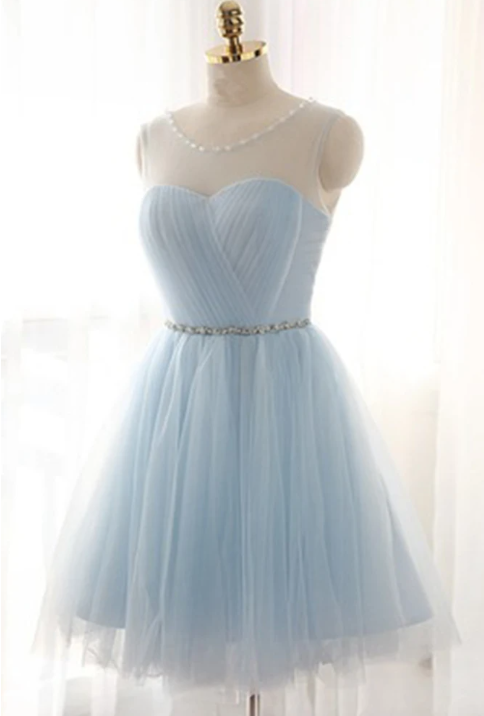 Light Blue Tulle See-through Round Neck Lace Up Short Dress, 2017 Formal Prom Dress For Teens,h1439