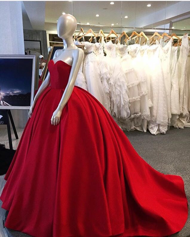 Red Ball Gown, Sweet Heart Prom Dress, Simple Charming Prom Dress, Evening Gown, Long Prom Dress With Small Train, Satin Strapless Prom