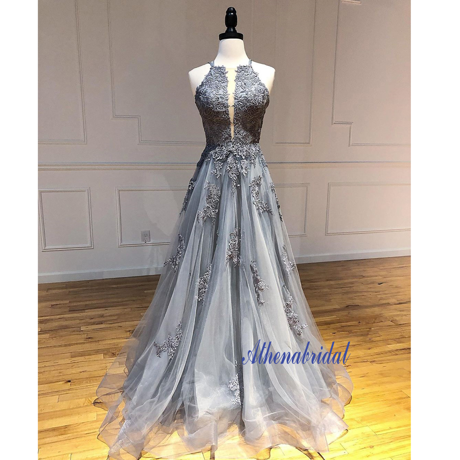 A-line Tulle Lace Applique Grey Long Prom Dresses,p1449