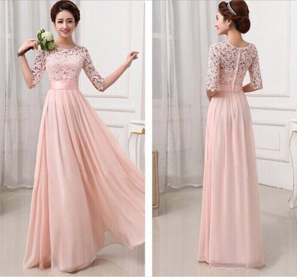 Long Bridesmaid Dress, Lace Bridesmaid Dress, Prom Dress, Blush Pink Prom Dress, Long Sleeve Prom Dress,b1455