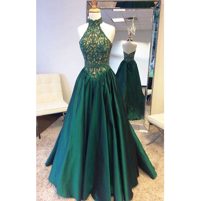 Halter Prom Dress, Teal Green Prom Dress, Elegant Prom Dress, Beaded Top Prom Dress, Long Prom Dress, Evening Dress, Popular Prom Dress,p1456