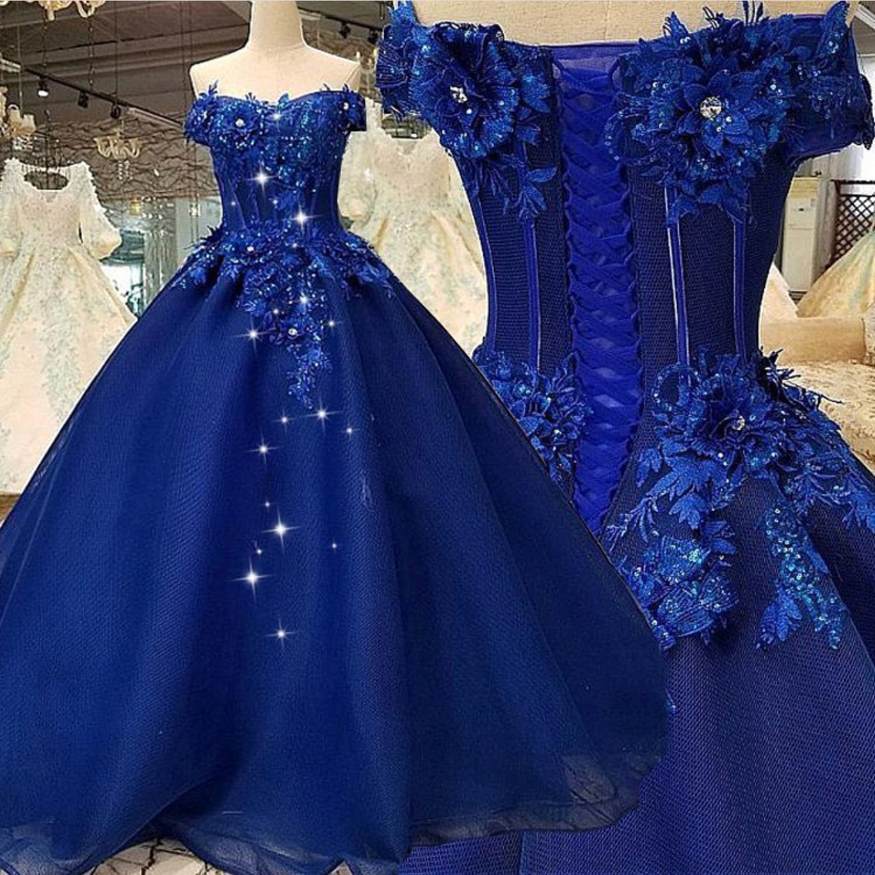 Off The Shoulder Prom Dress, Ball Gown Prom Dress, Royal Blue Prom Dress, Prom Dresses 2020, Lace Applique Prom Dress, Elegant Prom Dress, Prom