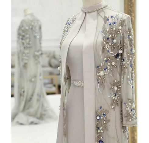 P1467 Gorgeous Beaded Mother Of The Bride Dresses With Long Sleeves Pearls Plus Size Wedding Guest Dress Crystals High Neck Evening Gowns