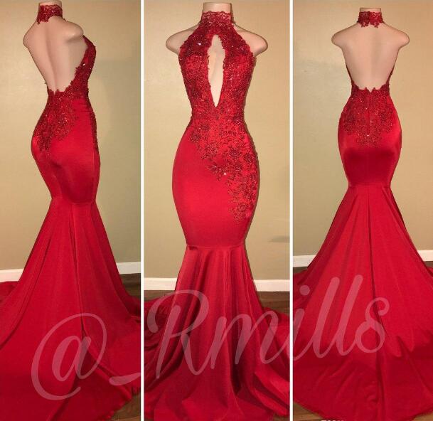 P1469 2021 Sexy Red Lace Halter Backless Mermaid Prom Dresses Appliques Beads Sleeveless Long Sweep Train Evening Gowns Fomal Dresses