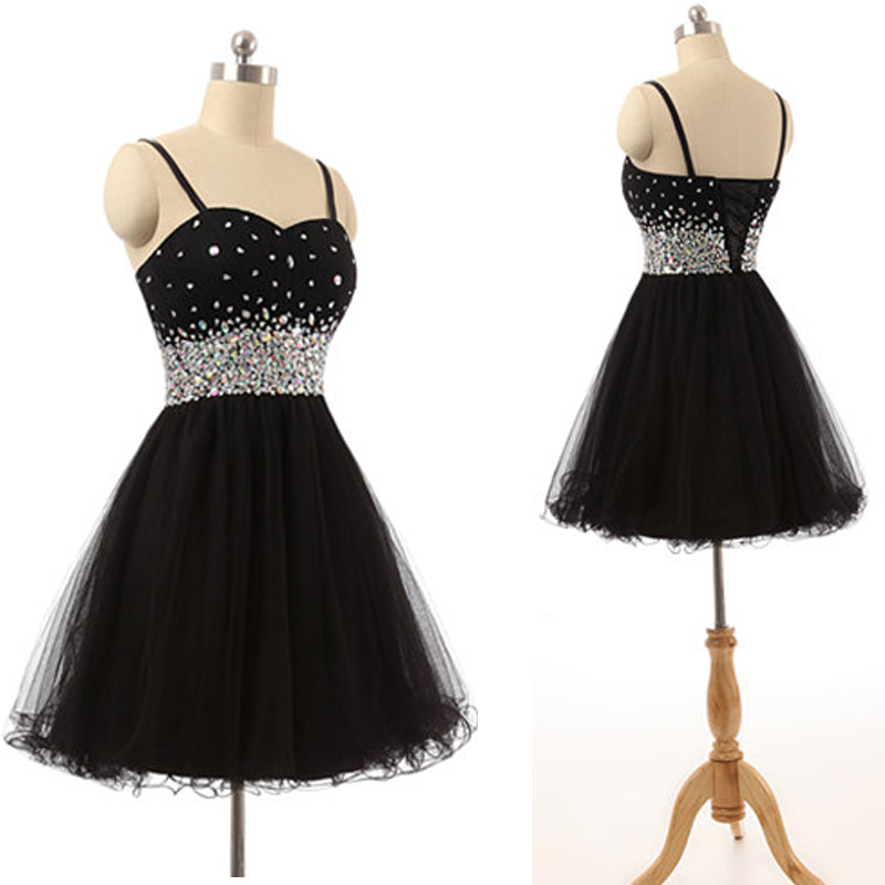 H1472 Sparkly Black Homecoming Dresses,short Prom Dresses,spaghetti Straps Tulle Crystal Mini Dresses