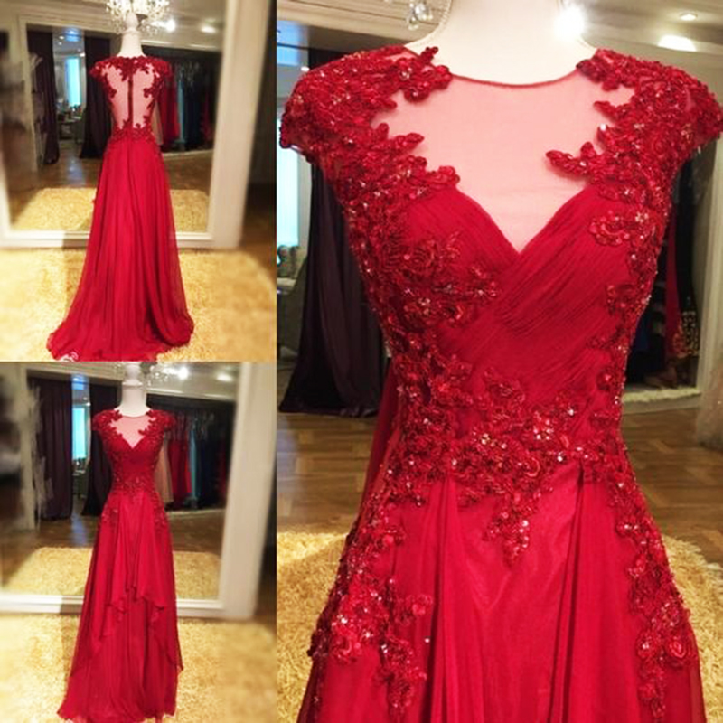 P1474 Charming Red Illusion Jewel Neckline Prom Gowns Cap Sleeve Chiffon See Thougth Back Lace Appliques Formal Dresses