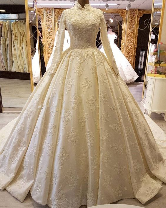 W1476 Long Sleeves Ball Gown Appliqued Wedding Dress