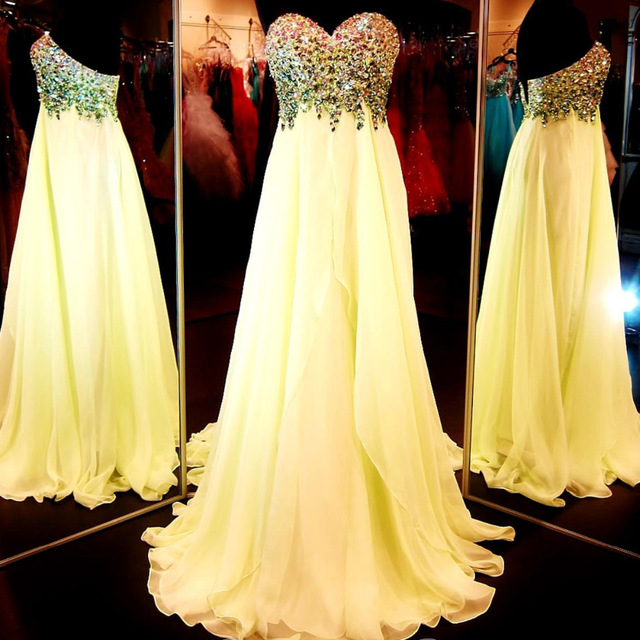 P1477 Long Yellow Chiffon Prom Dress With Crystals,floor Length Prom Dresses, Party Dresses