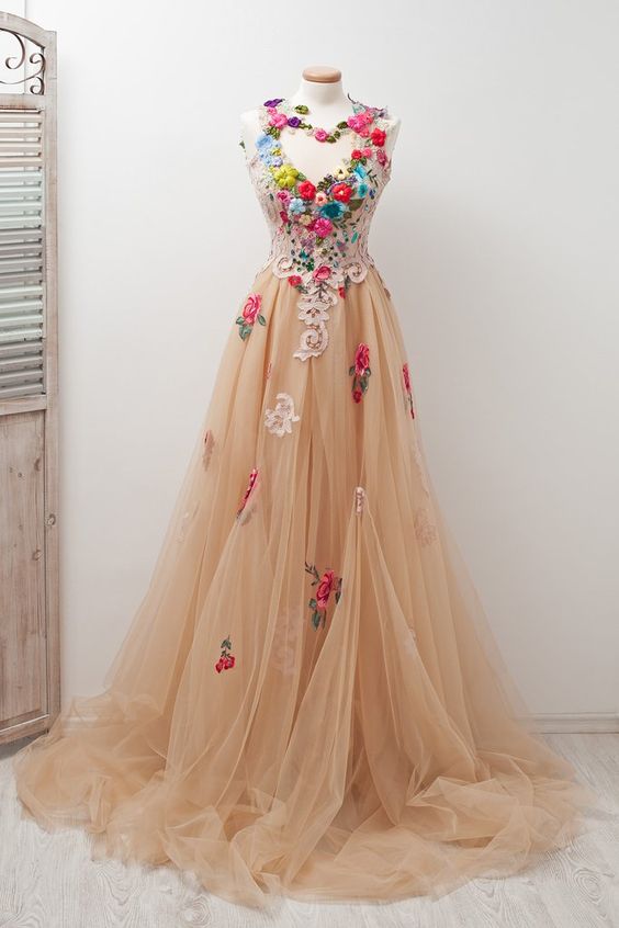 P1479 A-line Scoop Sleeveless Open Back Appliques Tulle Prom Dress With Hand-made Flowers