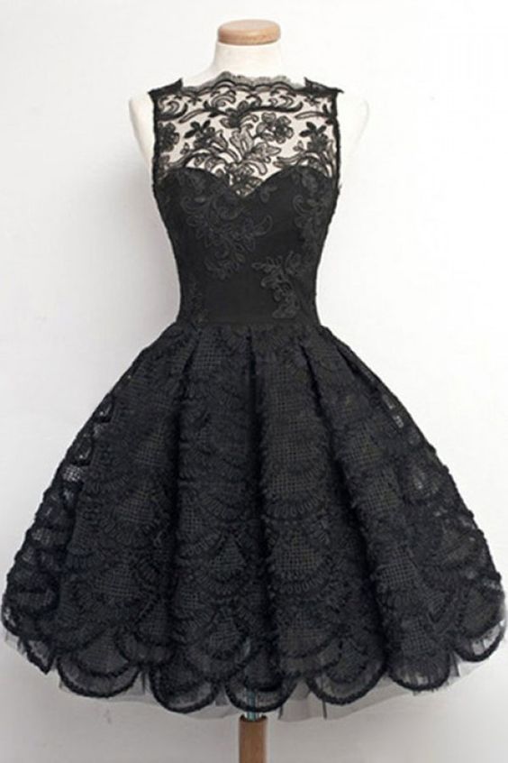 H1481 Vintage, Homecoming/prom Dress - Black Sheer Neck With Lace , Short Evening Gowns