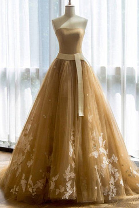 P1482 Yellow Party Dress Strapless Evening Dress Tulle Applique Prom Dress With Sash Off Shoulder Formal Dress