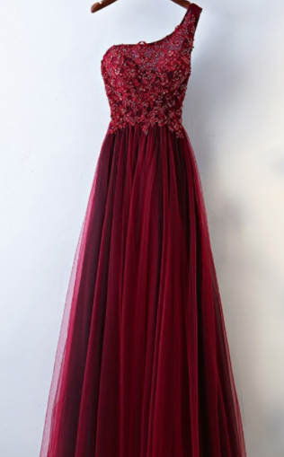 P1483 Burgundy One Shoulder Prom Dresses, Long Tulle Prom Party Dress For Women,dark Red Eveing Dresses