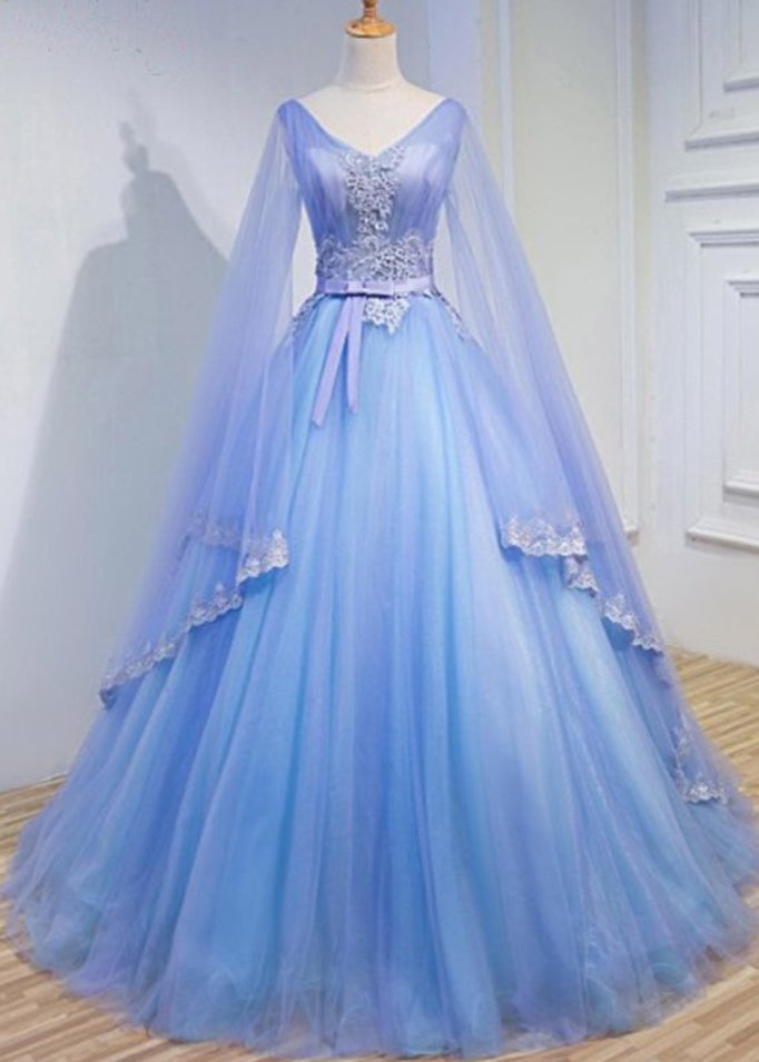 P1493 Light Blue Tulle V Neck Long Sleeve Lace Applique Prom Dress For Teen