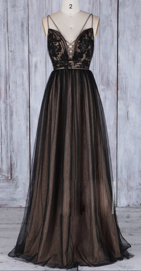 P1495 Black V Neck Lace Tulle Long Prom Dress, Black Bridesmaid Dress