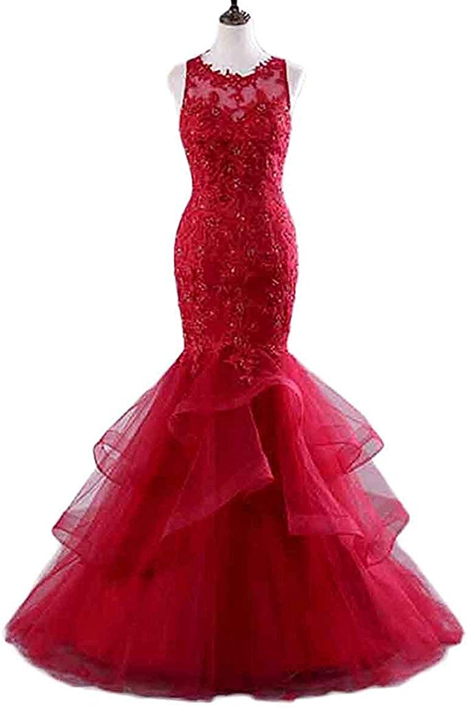 P1498 Women's Beaded Lace Embroide Prom Dress Long Mermaid Formal Prom Party Ball Gown