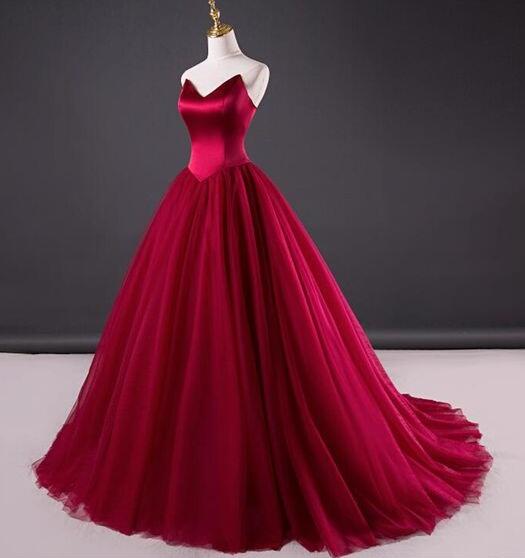 P1499 Simple Red Wedding Dress,tulle Bridal Dress,mermaid Wedding Dresses,ball Gown Wine Red Prom Dress,strapless Red Formal Dress