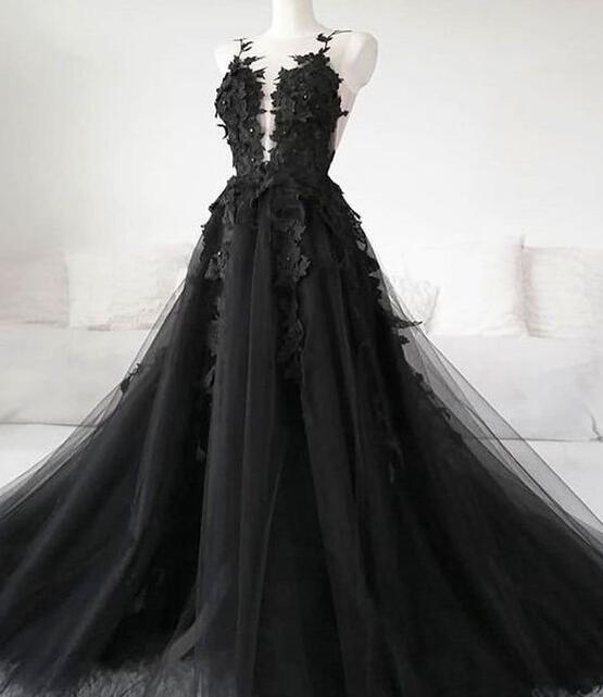 P1504 Sexy Sheer Black Long Prom Dresses Illusion Back A Line Floor Length Formal Women Party Dress