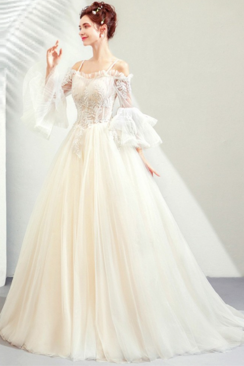 W1508 Light Champagne Ball Gown Wedding Princess Prom Dress With Bell Sleeves