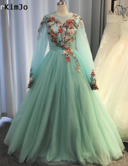 P1509 Turquoise Blue Prom Dresses Long Embrodiery Applique Elegant A Line Tulle Prom Gown Vestidos De Fiesta 2020