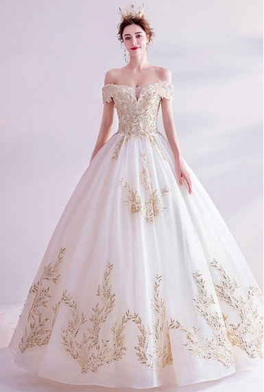 W1510 Classical Big Ballgown Light Champagne Wedding Prom Dress With Bling Patterns