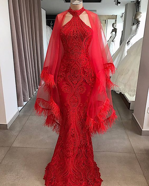 P1511 Red Evening Dresses Long Dubai Caftan Fashion Feather Mermaid Modest Evening Gown Formal Dresses