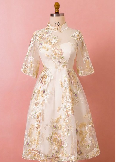 P1515 Custom Embroidered Flowers Tea Length Wedding Party Dress With Half Sleeves High Quality