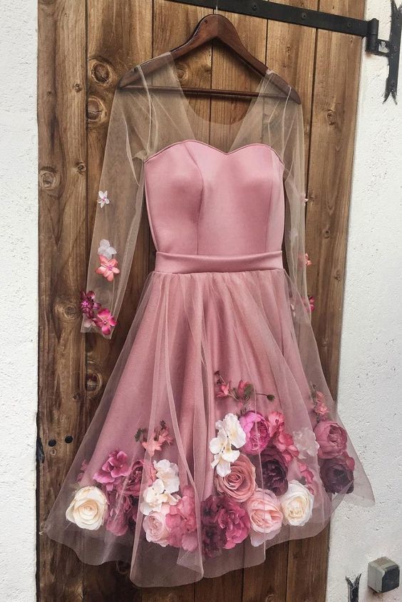 H1516 Pink V Neck 3d Applique Short Prom Dress, Pink Homecoming Dress