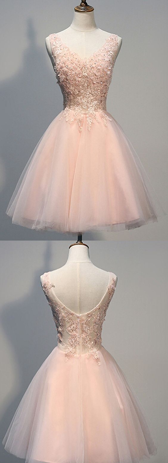 H1526 Pink Prom Dress,v Neck Prom Dress,applique Prom Dress,tulle Prom Dress,bridesmaid Prom Dress, Party Dress
