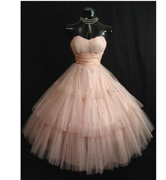 H1527 Vintage 50's Shell Pink Prom Dresses Strapless Layered Tulle Sequins Tea Length Short Homecoming Dress Ball Gown Wedding Party
