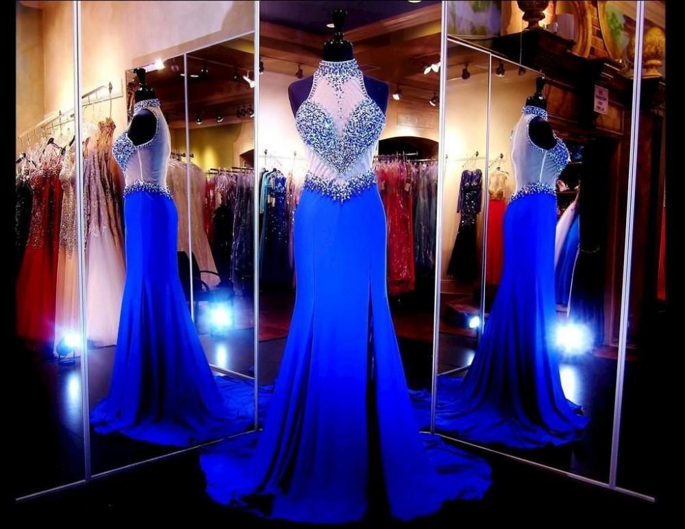 P1528 Royal Blue Mermaid High Neck Prom Dresses With Beaded Crystal Side Split Back Sheer Tulle Rode de Soirre Formal Chiffon Evening Gowns