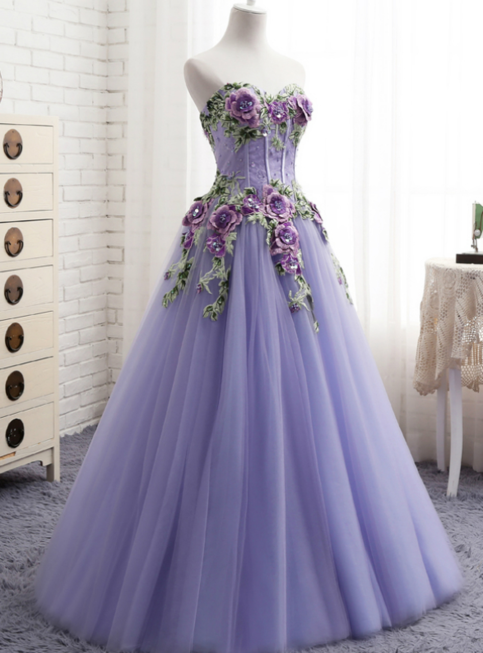 P1530 A-Line Purple Tulle Embroidery Appliques Sweetheart Neck Prom Dress