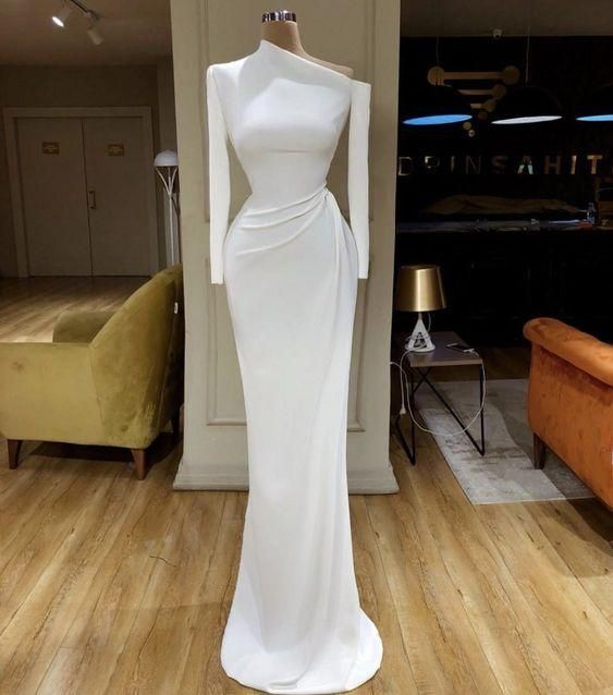 P1531 Asymmetric Neck Long Sleeves Evening Gown